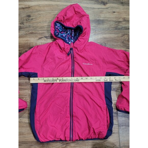 Eddie Bauer Reversible Hooded Spring Jacket Pink/Blue Floral Fleece Girls 10 12 - Picture 6 of 10